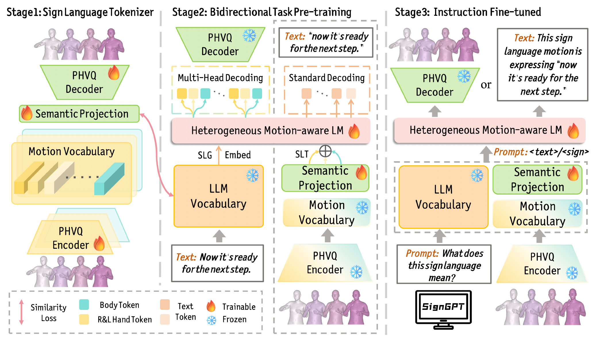 The three training stages of SignGPT: PHVQ tokenization, bidirectional task pre-training, and instruction fine-tuning
